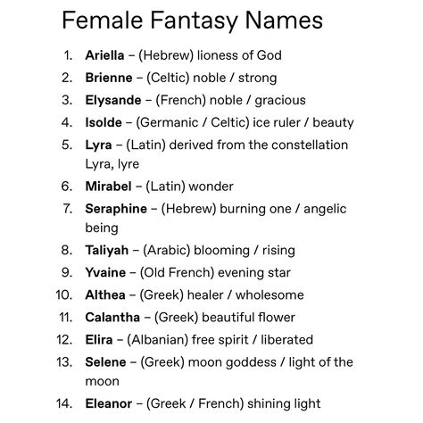 I promise I tried my best for unique ones and hopefully the meanings are correct! I was using Dr Google. My fantasy OCs are called Amara, Beatrice, Leo and Julian :) 𝐇𝐢! 𝐖𝐞𝐥𝐜𝐨𝐦𝐞 𝐭𝐨 𝐖𝐫𝐢𝐭𝐞𝐫𝐭𝐡𝐫𝐞𝐚𝐝𝐬 ♡ We post regular tips, memes, book reviews, contests and other writing-related content! Follow us for more posts like this! Our DMs are always open for a chat :) 🧵𝐓𝐀𝐆𝐒: #writingprompts #prompts #storyprompts #storyideas #writingideas #books #writing #writingcommunity #writingtips #writinghelp #wri... Last Names Fantasy Name, Cool Names For Characters, Female Villain Names, Elemental Names, Fantasy Surnames, Dr Names, Fantasy Last Names, Mythical Names, Names For Characters