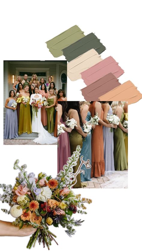 Muted Colorful Wedding, Earthy Wedding Color Palette, Earth Tone Color Palette Wedding, 2025 Wedding Trends Color Schemes, Earth Tone Wedding Theme, Champagne Wedding Colors Scheme, Wedding Color Schemes Fall, Bridesmaid Dresses Different Colors, June Wedding Colors