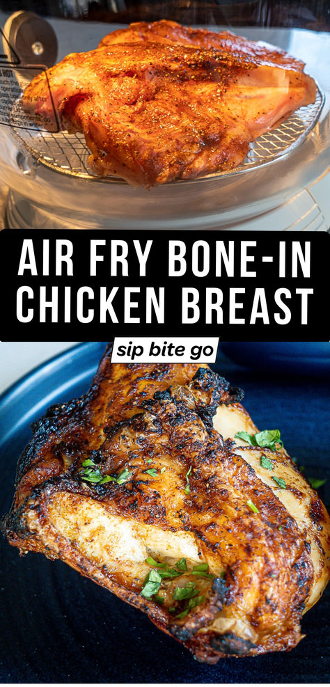 Air Fryer Split Chicken Breast Dinner Recipe with text overlay Air Fryer Split Chicken Breast, Bone In Chicken Breast Recipes Air Fryer, Air Fryer Bone In Chicken Breast, Split Chicken Breast Recipes Bone In, Chicken Breast Bone In Recipes, Airfryer Chicken Breast, Bone In Chicken Breast Recipes, Split Breast Chicken Recipes, Baked Bone In Chicken