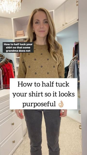 Front Tuck Shirt, Tucked In Shirt Outfit, Shirt Tucked Into Jeans, Tuck Your Shirt, How To Wear Shirt, Fall Winter Hair Color, Dark Fall, Shirt Hacks, Summer Dresses For Wedding Guest