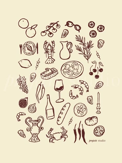 Different Styles Of Illustrations, Italian Summer Drawing, Italian Food Illustration Graphic Design, Italy Line Drawing, Hand Drawn Food Illustration, Hand Drawn Prints, Cute Food Sketches, Hand Drawn Illustration Style, Italian Food Tattoo