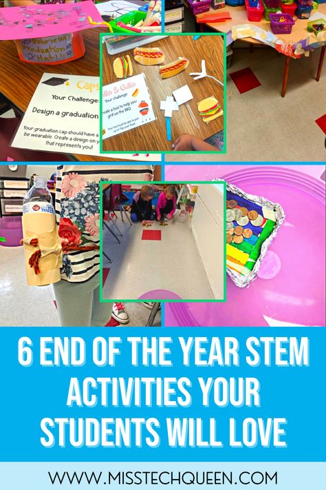 Keep your students engaged and excited during the end of the school year with these fun STEM activities they will love! Perfect for your kindergarten, 1st, 2nd, and 3rade grade students during the final weeks of the year. Some of these STEM activities include Grillin' and Chillin' Challenge, Diving Board STEM activity, water bottle holder for Field Day, Twist and Turn STEM Challenge, and Graduation Cap for End of Year activities. Celebrate the end of school with these engaging STEM activities! 2nd Grade Last Week Of School Activities, End Of The Year Stem Challenges, End Of Year Science Experiments, Stem Grade 1, End Of The Year Science Activities, End Of Year 4th Grade Activities, Fun End Of School Year Activities, Simple Stem Activities Elementary, End Of Year Classroom Activities