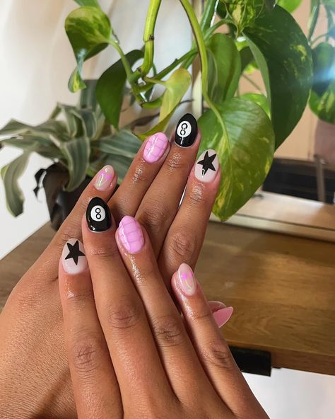 💗+🖤= cutest nails #nail #nailsnailsnails #nailinspiration #instanails #trending #utahnails #sogelnails #hemafree Nails Design Smile Face, Nail Ideas For Small Hands, Fun Nail Inspo Fall, Winter Nail Ideas Simple Gel, Fall Utah Nails, Nail Ideas Builder Gel, Cute Inspo Nails, 8 Ball Nails Pink, Nail Inspo Ideas Simple