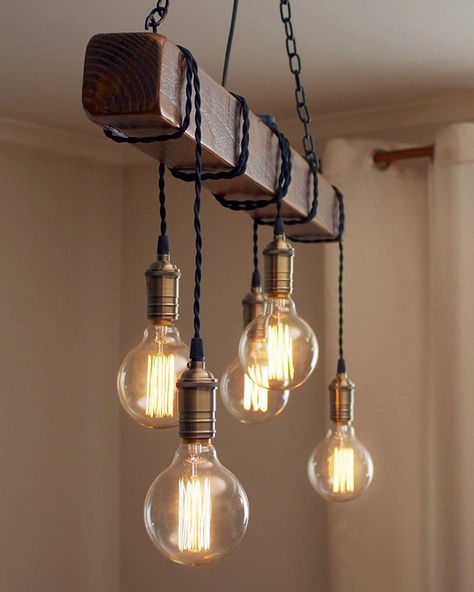 Rustic Industrial Lighting, Diy Industrial Lighting, Chandelier Wood, Industrial Pendant Lamps, Diy Lampe, Wood Beam, Wooden Chandelier, Industrial Light Fixtures, Industrial Pendant Lights