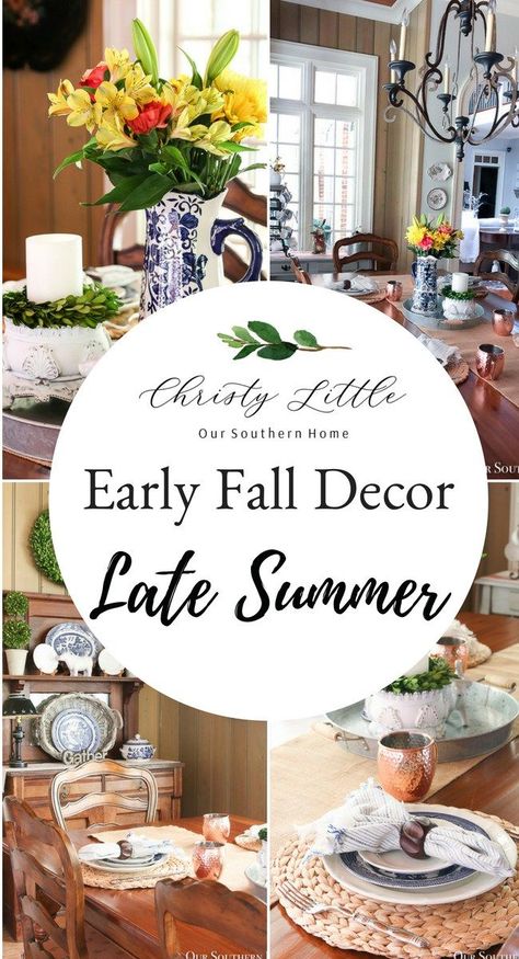 Late summer to early fall decorating ideas in this gorgeous French Country Farmhouse breakfast room! #frenchcountry #countryfrench #frenchfarmhouse #fall #falldecor #latesummerdecor #farmhousedecor Autumn Farmhouse Aesthetic, Pre Fall Decor, Transition Summer To Fall Decor, Early Fall Tablescapes, Summer To Fall Decor Transition, Late Summer Tablescapes, August Tablescapes, French Fall Decor, Summer To Fall Decor