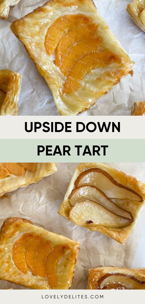 Upside Down Pear Tart comes together with only three simple ingredients. If you're looking for a quick and easy dessert that will wow your guests, then you must try this pear tart recipe! You only need a few simple ingredients like puff pastry sheets, pears and honey. Pear Tart With Puff Pastry, Pear And Maple Upside Down Puff Pastry Tart, Simple Pear Tart, Pear Appetizer Recipes, Pear Tart Recipe Easy, Pear Tarts, Pear Tart Recipe, Gluten Free Puff Pastry, Pear Dessert