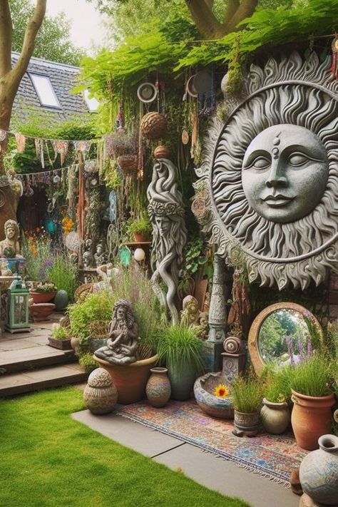 Welcome to a groovy collection of hippie garden ideas! From peaceful pathways to whimsical wind sculptures, discover how to infuse your outdoor space with bohemian charm and vibrant creativity. Boho decor, backyards, outdoor spaces, small, DIY, patio, farmhouse, landscaping, boho theme. Beautiful Patio Ideas Outdoor Spaces, Sanctuary Garden Ideas, Unique Garden Art Creative Ideas, Whimsical Outdoor Decor, Boho Garden Ideas Diy, Wild Garden Ideas, Hippie Backyard, Bohemian Outdoor Spaces, Hippie Garden Ideas