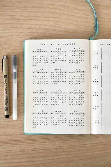 Organisation, Calendar Design Journal, 2024 Year At A Glance, Yearly Journal Spreads, 2024 Dot Journal, Minimal Journal Aesthetic, Minimal Journal Ideas, Year At A Glance Bullet Journal, Journal Year Page