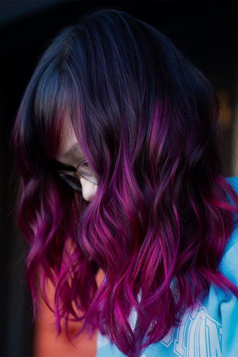 22 Exotic Shades Of Purple Ombre Hair Magenta Ombre Hair, Purple Ombre Hair Color, Purple Hair Color Ombre, Red Purple Hair, Magenta Hair Colors, Maroon Hair, Magenta Hair, Purple Ombre Hair, Red Hair Inspo