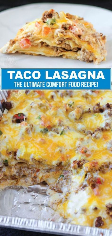 If you are searching for the perfect comfort food recipe, this taco lasagna recipe is for you. This delicious dinner recipe is so easy to make that you can have it prepared and on the table in less than 30 minutes. This creamy, cheesy taco lasagna recipe is an easy weeknight dinner that the whole family will enjoy. You might even want to make a double batch. Leftovers are so delicious. #dinner #recipe #beef #easy #homemade #taco #lasagna #tacotuesday #tacorecipes Taco Lasagne, Taco Lasagna Recipe, Recipes Potatoes, Taco Lasagna, New Recipes For Dinner, Recipes Pork, Easy Weeknight Dinner, Dinner Healthy, Penne Pasta