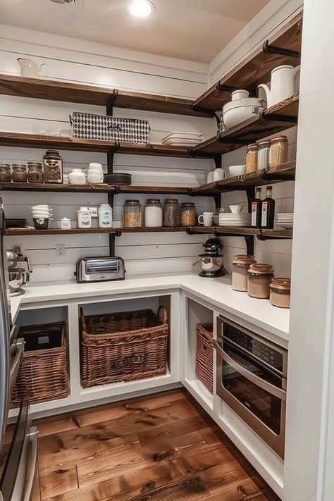 Organize in Style: Farmhouse Kitchen Pantry Ideas - Quiet Minimal Modern Farmhouse Kitchen Pantry, Pantry Ideas With Fridge, House Pantry Ideas, Kitchen Basket Ideas, Outside Pantry, Farmhouse Pantry Design Walk In, Open Shelving Pantry Ideas, Open Concept Pantry, Barndominium Pantry Ideas