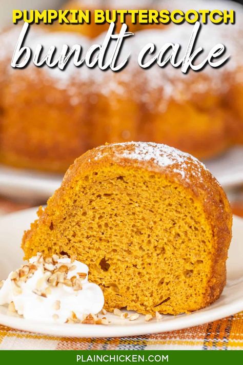 Pumpkin Butterscotch Bundt Cake – SO delicious!! Yellow cake mix, butterscotch pudding, eggs, water, oil, and pumpkin pie spice. I took this to a party and it was gone in a flash! SO moist and delicious. All you need is a dollop of fresh whipped cream and you are set! YUM! Great for parties and potlucks or whenever you need to feed a crowd. Butterscotch Bundt Cake, Homemade Pumpkin Spice Mix, Pumpkin Butterscotch, Pumpkin Bundt, Easy Bundt Cake, Butterscotch Cake, Pumpkin Crunch, Lemon Pound Cake Recipe, Pumpkin Bundt Cake