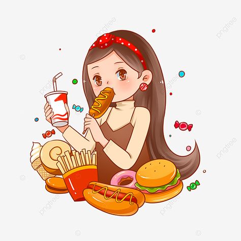 Foodie Girl Cartoon, Cute Eating Cartoon, Cartoon Eating Food, Eat Wallpaper, Eat Cartoon, Foodie Cartoon, Chibi Eating, Food Cartoon Illustration, Cartoon Eating