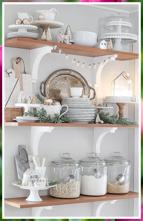 Christmas Kitchen Decor - Reward yourself today! Visit to discover the awesome brands and products you need immediately. Display Shelf Kitchen, Open Shelving China Display, Display China On Shelves, Styling Christmas Shelves, Kitchen Display Shelves, Styling Kitchen Shelves, Kitchen Shelves Decor, Kitchen Shelf Inspiration, Christmas Pantry