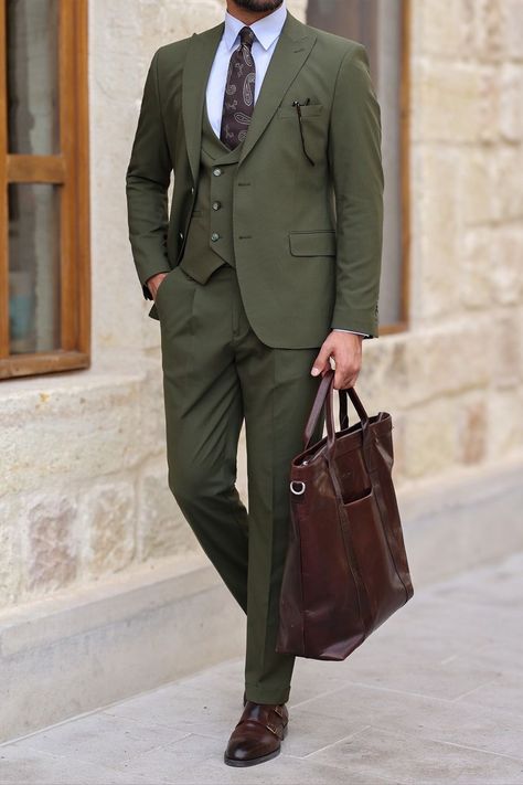 Unleash your inner debonair with the Khaki Slim-Fit Suit 3-Piece by VIOSSI - a masterpiece of modern tailoring. The slim-fit design offers a sleek and polished look, while the khaki shade adds a touch of sophistication. #khakisuit #suits #suit #slimfit #singlebreasted #formallook #formalwear #mensstyle #menfashion Khaki Suit, Modern Fit Suit, Suit Styles, Double Breasted Tuxedo, Suit Stores, Vest And Pants, Slim Fit Suit Men, Slim Fit Tuxedo, Tuxedo Blazer