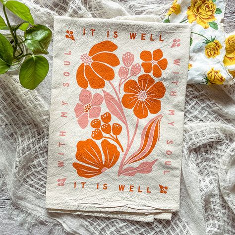 It Is Well with My Soul block florals Hymn Tea Towel Pretty Tea Towels, Tea Towel Block Print, Tea Towel Stamping, Lino Print Tea Towel, Tea Towel Designs, Block Print Tea Towels, Painted Tea Towels, Make Tea Towels, Stamped Tea Towels