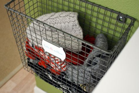 IHeart Organizing: My Boot Storage "Ah Ha" Moment Basket on wall for hats n mittens Mittens Storage, Mitten Storage, Baskets On Wall For Storage, Entryway Baskets, Organizing Hats, Hat Storage Ideas, Basket On Wall, Glove Storage, Wire Wall Basket