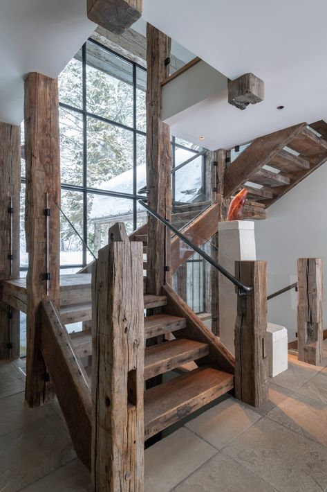 Elegant Staircase, Rustic Staircase, Stacked Stone Walls, Rustic Stairs, Refined Rustic, Contemporary Staircase, Glass Staircase, Staircase Railings, Mountain Living