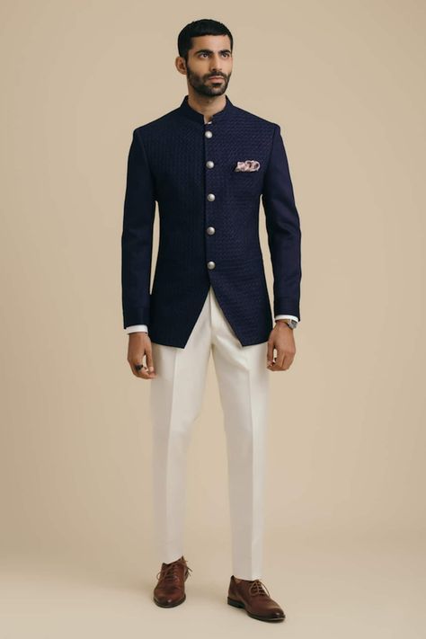 Buy Blue 50% Cotton Embroidered Thread Geometric Bandhgala For Men by Philocaly Online at Aza Fashions. Indian Jodhpuri Suit, Mens Outfits Indian Wedding, Indian Wedding Attire For Men, Blue Sangeet Outfit For Groom, Men Reception Outfit, Cocktail Outfits Men, Wedding Reception Outfit For Men, Reception Look For Men, Blue Jodhpuri For Men