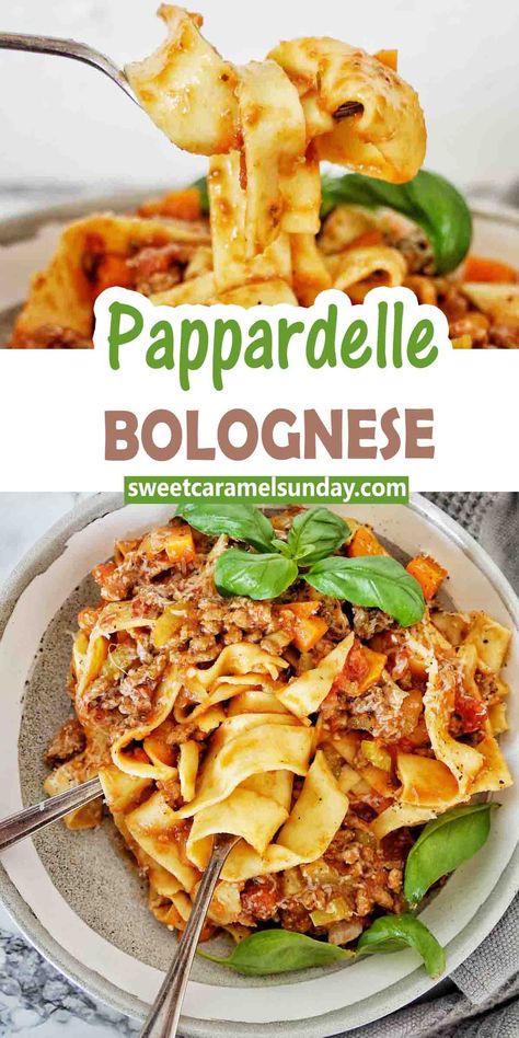 Fork holding pappardelle pasta over a grey bowl of the same. Text is written between 2 images. Pappardelle Pasta Recipe, Homemade Bolognese Sauce, Homemade Bolognese, Pappardelle Pasta, Italian Menu, Italian Pasta Dishes, Beef Pasta, Bolognese Recipe, Pasta Sauce Recipes