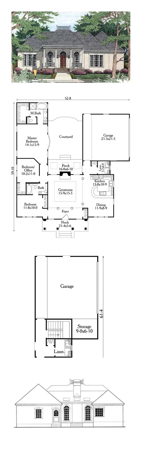 COOL House Plan ID: chp-34140 | Total Living Area: 1501 sq. ft., 3 bedrooms and 2 bathrooms. Upon entering the foyer, columns distinctively separate the foyer and living room. The vaulted living room looks onto the skylit porch and courtyard. The kitchen and dining room complete the right side of the home. #courtyard House Sketch Plan, Greek Revival House Plans, House Plans Colonial, Colonial House Plans, Ranch House Plan, Southern House Plans, Casas Coloniales, Plans Modern, Farmhouse House