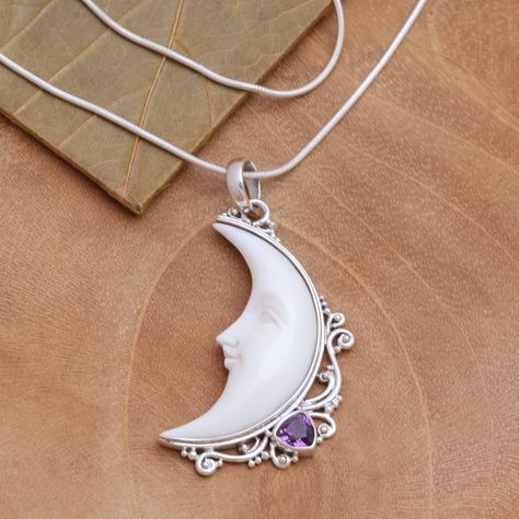 UNICEF Market | Amethyst and Bone Crescent Moon Pendant Necklace from Bali - Resting Moon Dr Jewelry, Amethyst Pendant Necklace, Dot Patterns, Octopus Pendant, Amethyst Necklace Pendant, Bone Necklace, Bone Pendant, Crescent Moon Pendant, White Magic