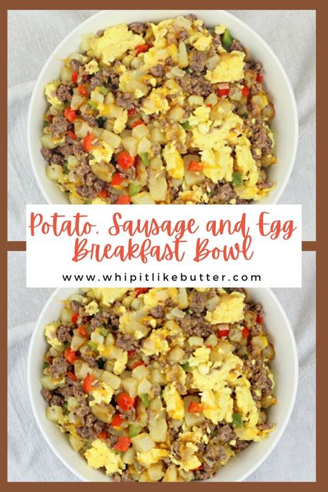 Everything that you need for a complete breakfast is in this Potato, Sausage and Egg Breakfast Bowl! The perfect way to jumpstart the day! Sausage And Potato Breakfast, Breakfast Bowl Eggs Potatoes, Healthy Breakfast With Potatoes, Egg Sausage Potato Breakfast Bowl, Sausage And Egg Scramble, Breakfast Sausage Bowl, Egg Breakfast Bowls Healthy, Potato Scramble Breakfast, Farmers Breakfast Bowl