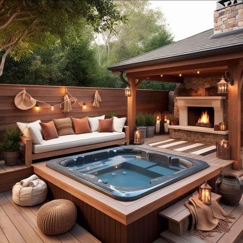 Hardscape Ideas Backyard With Hot Tub, Large Jacuzzi Outdoor, Backyard Ideas With Hot Tub And Fire Pit, Under Deck Patio Ideas Walkout Basement Hot Tub, Hot Tub And Fire Pit Patio, Hottub Landscape Ideas Simple, Stone Jacuzzi, Outdoor Jacuzzi Ideas, Jacuzzi Outdoor Ideas