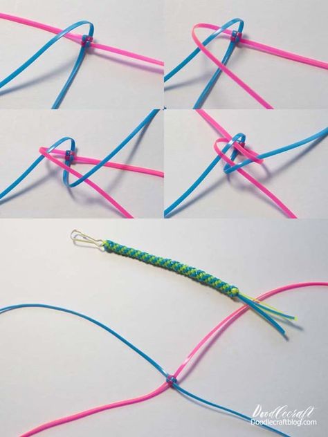 How to Make Boondoggle Keychains DIY! Plastic Cord Keychain, Plastic Lacing Cord Crafts, Plastic Lacing Crafts, Plastic String Crafts, Plastic Lace Crafts Tutorials, Plastic Lace Bracelet, Rexlace Crafts, Scooby Strings, Plastic Lace Keychain