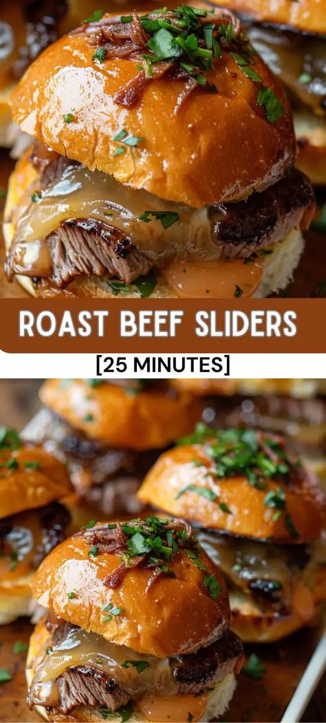 Roast Beef Sliders Tender Roast Beef, Roast Beef Sliders, Lunch Appetizers, Beef Sliders, Slider Buns, Savory Appetizer, Gooey Cheese, Appetizer Salads, Deli Meat