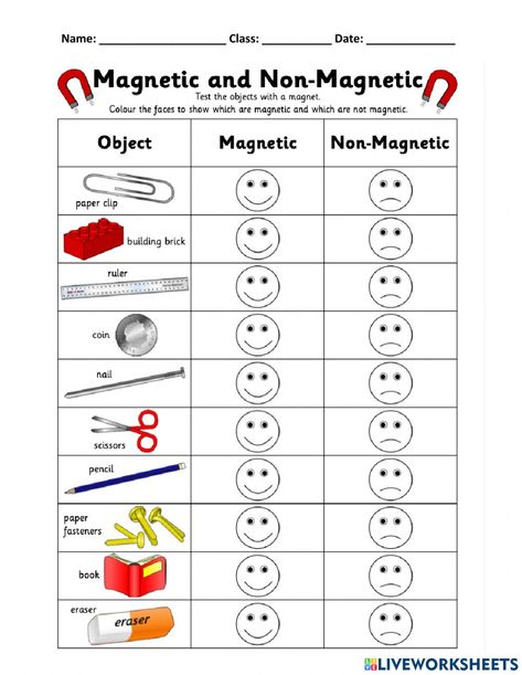 Magnet Worksheets For Kids, Magnetic And Non Magnetic Worksheet, Magnet Worksheet, Soal Tk, Class Worksheets, Magnet Activities, Clip Art Frames Borders, Spring Worksheet, Graduated Cylinder