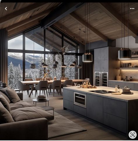 Modern Rustic Living Room Ideas Open Concept, Modern Mountain House Kitchen, Scandinavian Cabin Design, Bedroom Vaulted Ceiling Ideas, Mountain Cabin Interior Design, House Interior Scandinavian, Modern Scandinavian Cabin, Mountain Cabin Kitchen, Dark House Interior