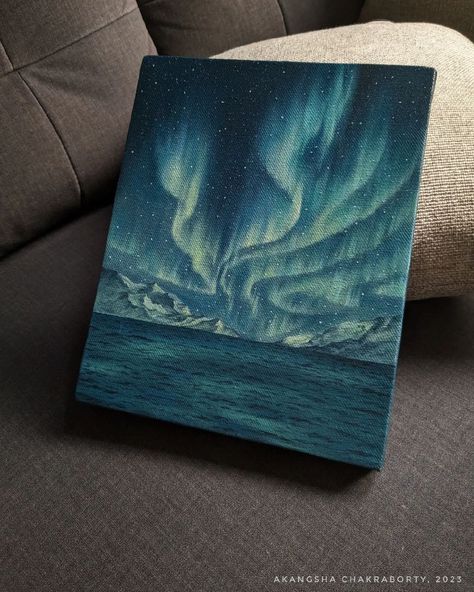 Canvas Painting Ideas Northern Lights, Aurora Borealis Painting, Painting Starry Night, Night Sky Art, Green To Blue, Canvas Painting Designs, Painting Art Lesson, Small Canvas Art, Starry Night Sky