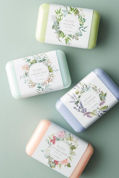 Mothers day gifts: Four assorted soap bars in Verbena (light green color), South Seas (pale turquoise color), Lavender (lavender color), and Lychee Rose (blush pink color) scents Bar Soap Packaging, Handmade Soap Packaging, Soap Packaging Design, Soap Packing, Sugar Scrub Diy, Soap Labels, Classic Bar, Homemade Soap Recipes, Soap Packaging