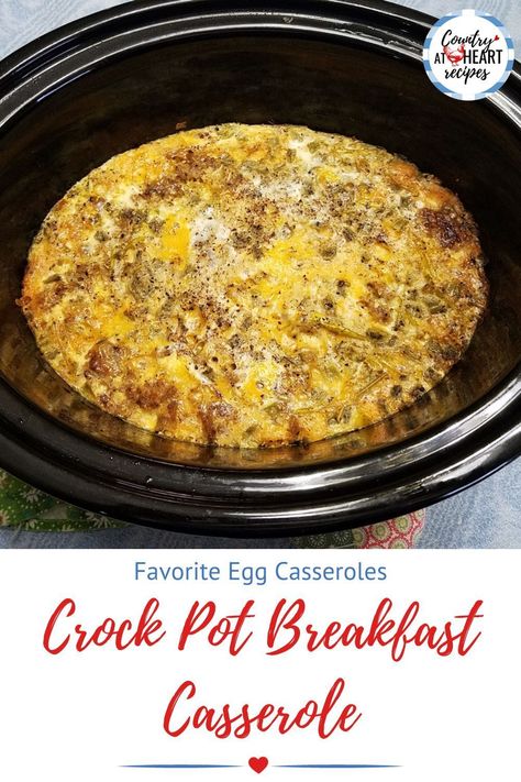 This Crock Pot Breakfast Casserole is a recipe I experimented with until I got it just right. It's quite delicious and nice to make the night before, so that it's ready to serve when you wake up! #crockpotbreakfastcasserole #breakfast #eggcasseroles #slowcookedrecipes #crockpot #eggs #porksausage #hashbrowns #cheddarcheese #salsa #countryatheartrecipes https://countryatheartrecipes.com/2018/10/crock-pot-breakfast-casserole/ Egg Casserole In Crockpot, Breakfast Crock Pot Recipes, Crockpot Egg Bake, Crockpot Eggs, Breakfast Crock Pot, Sausage Casseroles, Breakfast Hashbrown Recipes, Crock Pot Breakfast Casserole, Crock Pot Breakfast