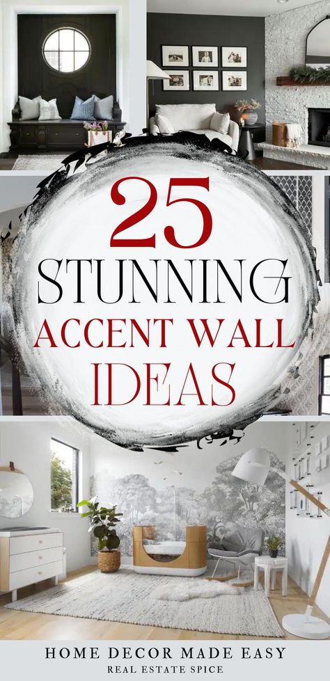 BE INSPIRED WITH STUNNING ACCENT WALLS! 25 STUNNING Accent Wall IDEAS, DESIGNS and TIPS - You'll find stunning living room, bedroom, entryway, powder bathroom, hallway accent wall ideas, images and tips to create the perfect accent wall to fit your style and taste! via @https://www.pinterest.com/realestatespice/_created/ Fireplace Accent Wallpaper, Textured Wall Bathroom Ideas, Traditional Accent Wall Ideas, Textured Wall In Bedroom, Accent Wall Living Room Wallpaper, Creative Wall Treatments, Wallpaper For Living Room Accent Walls, Faux Accent Wall Ideas, Half Board And Batten Wall With Wallpaper