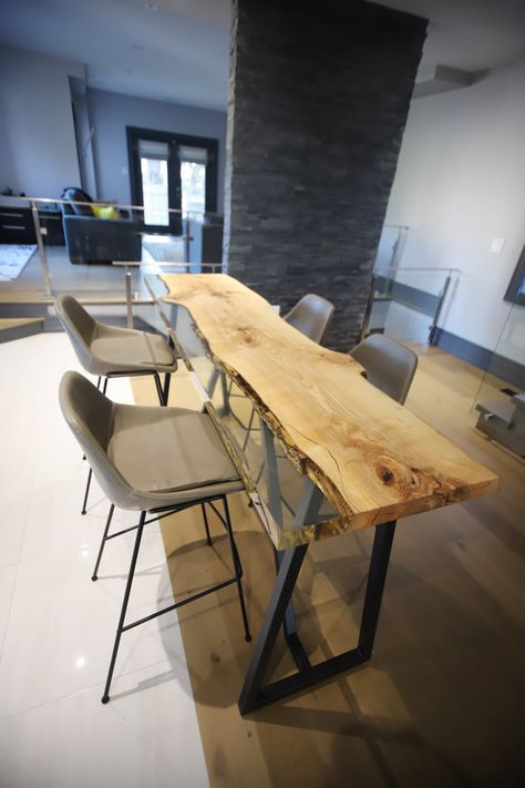 Ash Bar Table with Clear Epoxy - Anglewood Live Edge Custom Furniture, Toronto Barn Tiny House, Small Bar Table, Breakfast Bar Table, Live Edge Bar, Small Table And Chairs, Bar Tables, Live Edge Furniture, Counter Height Table, Cozy Room Decor