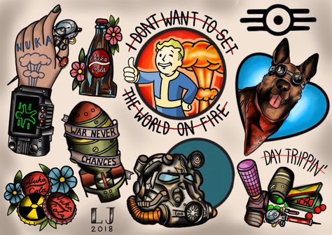 Fallout Tattoo Flash Sheet Fallout Tattoo Ideas, Fallout 4 Tattoos, Newschool Tattoos, Fallout Tattoo, Skyrim Armor, Video Game Tattoos, Gamer Tattoos, Flash Sheets, Nerd Tattoo