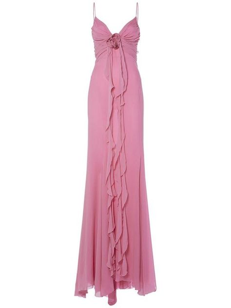 Women's Blumarine Ruffled Silk Long Dress W/Rose - Pink - Maxi dresses Spaghetti straps. Concealed back zip closure. Ruffled details. Front rose detail. Model is wearing a size40 90s Romcom, Silk Long Dress, Silk Dress Long, Prom Dress Inspiration, School Events, Grad Dresses, Dress Inspo, Glam Dresses, Hoco Dresses