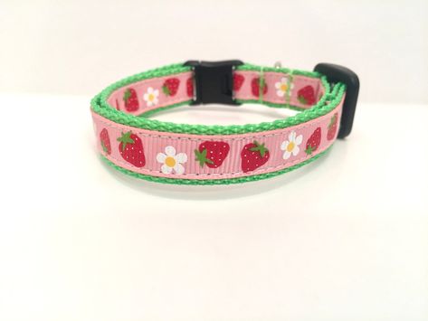 "Strawberry Grosgrain sewn on to 1/2\" Lightweight Lime Nylon webbing. Adjusts from 7.5-12.5\". Breakaway buckle for cat safety." Cat Collar Pattern, Cat Collar Necklace, Collar Ideas, Strawberry Cat, Tiny Dog, Tiny Dogs, Chihuahua Puppies, Cat Accessories, Cat Room