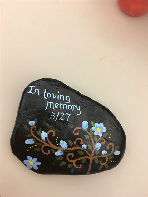 Painted rock Rock Painting Ideas For Grandma, Painting Rocks Ideas Memorial, Painted Memorial Stones For Loved Ones, Rip Rock Painting Ideas, Hand Painted Memorial Rocks, Diy Pet Memorial Stone Painted Rocks, Funeral Rock Painting, In Loving Memory Painted Rocks, In Memory Of Rock Painting Ideas