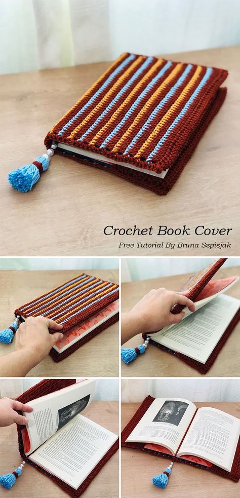 Crochet Book Cover With A Tassel Bookmark Crochet Bookmark Tassel, Crochet Journal Cover Free Pattern, Crochet Planner Cover, Crochet Patterns Book Cover, Knitting Book Cover, Crochet Book Covers Free Patterns, Free Crochet Book Cover Patterns, Bookish Crochet Ideas, Knit Book Cover