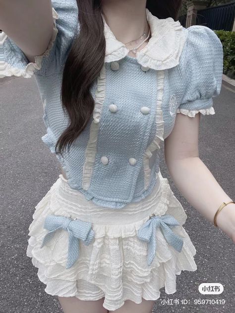 Blue And White Dress Outfit Classy, Blue Coquette Outfit, Vampire Ocs, Heavenly Clothes, Pastel Blue Outfit, Soft Ideas, Cutesy Outfit, Kawaii Fashion Outfits, Fairytale Dress