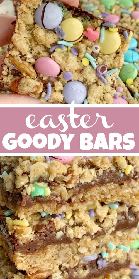 Easter Goody Bars | Goody Bars | Easter Recipe | Easter Goody Bars are the perfect springtime treat! A pecan and oat crumble mixture for the crust, filled with a creamy fudge filling, topped with more crumble and Easter m&m candy and sprinkles. #easter #easterrecipes #dessert #dessertrecipes #recipeoftheday #holidayrecipes Easter Cookie Bars, Easter Bars, Easter Deserts, Easter Cookie Recipes, Creamy Fudge, Easter Recipe, Easter Snacks, Spring Treats, Easter Sweets