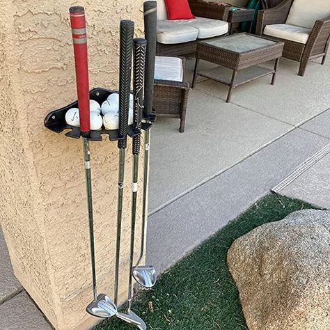 How To Hang Golf Clubs On The Wall, How To Store Golf Clubs In Garage, Golf Club Holder Diy, Display Golf Balls, Golf Club Organizer, Golf Club Display, Golf Putter Rack, Backyard Golf, Golf Ball Display