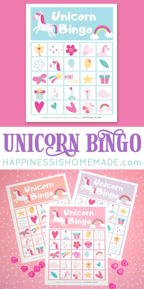 Download our FREE Printable Unicorn Bingo Game Cards to play this fun and colorful unicorn game! This Unicorn Bingo Game is a blast for kids and adults of all ages – perfect for a unicorn birthday party, family game night, sleepover, unicorn-themed baby shower, and more! Unicorn Theme Party Games, Unicorn Birthday Printables Free, Unicorn Bingo Free Printable, Unicorn Sleepover Party Ideas, Unicorn Birthday Activities Kids, Unicorn Games For Kids Birthday Party, Birthday Bingo Free Printable, Princess Unicorn Birthday Party, Unicorn Birthday Party Activities