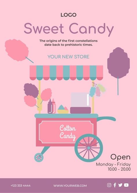 Flat Sweet Cotton Candy Poster Candy Poster Design, Candy Flyer Design, Cotton Candy Printable, Cotton Candy Branding, Cotton Candy Logo Design, Ice Candy For Sale Poster, Cotton Candy Illustration, Cotton Candy Poster Design, Candy Lady