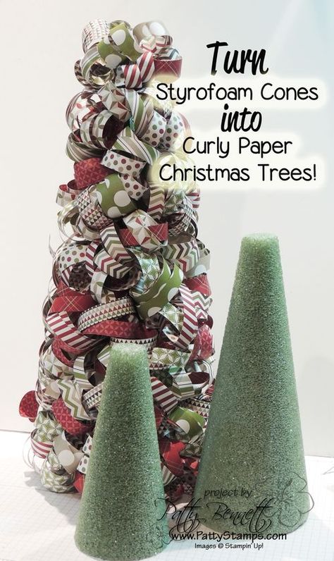 www.PattyStamps.com - how to make curly paper Christmas trees made from styrofoam cones! Great Christmas decor craft! Christmas Decor Craft, Paper Christmas Trees, Styrofoam Crafts, Cone Christmas Trees, Black Christmas Trees, Paper Christmas Tree, Christmas Tree Crafts, Paper Christmas, Christmas Crafts Decorations