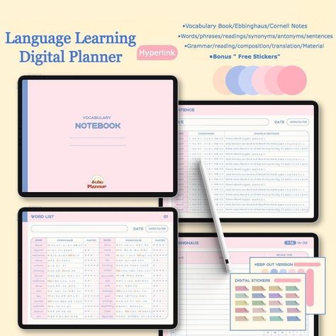 Language Learning Planner and Notebook | Grammar Digital Notebook | Ebbinghaus Planner | Vocabula... templatesforweeklyplanner #planneressentials #plannersandorganizers #businessplannerprintables🌱 Language Learning Planner, Business Planner Printables, Notes Cornell, Notebook Study, Vocabulary Notebook, Learning Template, Goodnotes Notebook, Digital Bullet Journal, Planner Apps