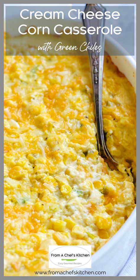 This easy, decadent cheesy corn casserole is soon to become your family's new favorite side dish!  Cream Cheese Corn Casserole with Green Chiles is delicious served up right out of the skillet or made ahead and baked up hot and bubbling later.  Read on for a secret tip that will make any corn casserole better! Cream Cheese Corn Casserole, Corn Casserole Crockpot, Sweet Corn Casserole, Cheese Corn Casserole, Cheesy Corn Casserole, Easy Corn Casserole, Corn Recipes Side Dishes, Cream Corn Casserole, Cream Cheese Corn